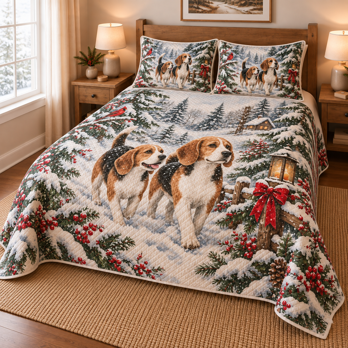Beagle Snowy Watercolor Christmas Quilt Set, low side-angle bedroom view