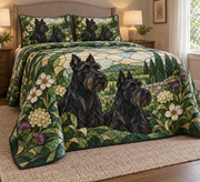 Scottish Terrier Garden Stained Glass Quilt Set, low side-angle bedroom view