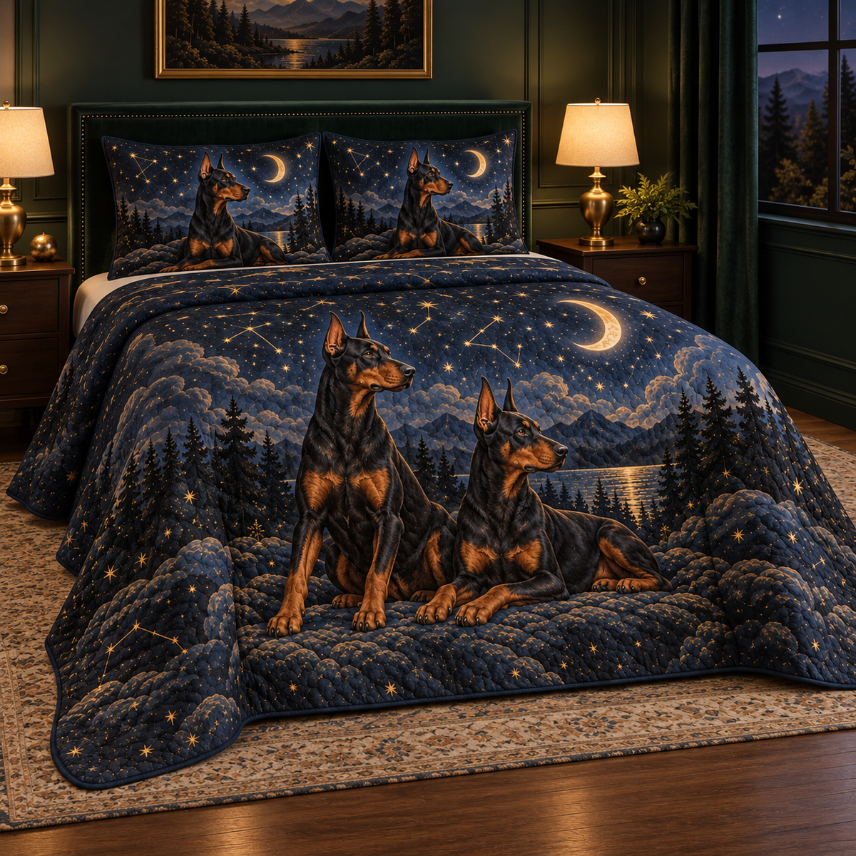 Doberman Pinscher Celestial Night Quilt Set, low side-angle bedroom view