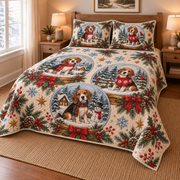 Beagle Winter Snow Globes Christmas Quilt Set, low side-angle bedroom view