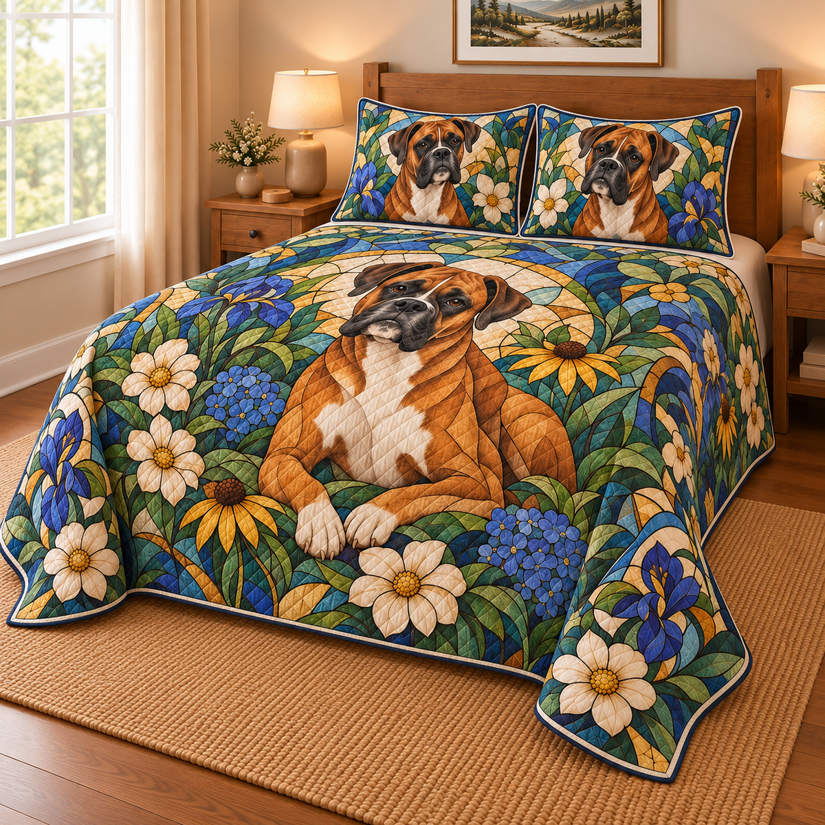 Boxer Garden Stained Glass Quilt Set, low side-angle bedroom view
