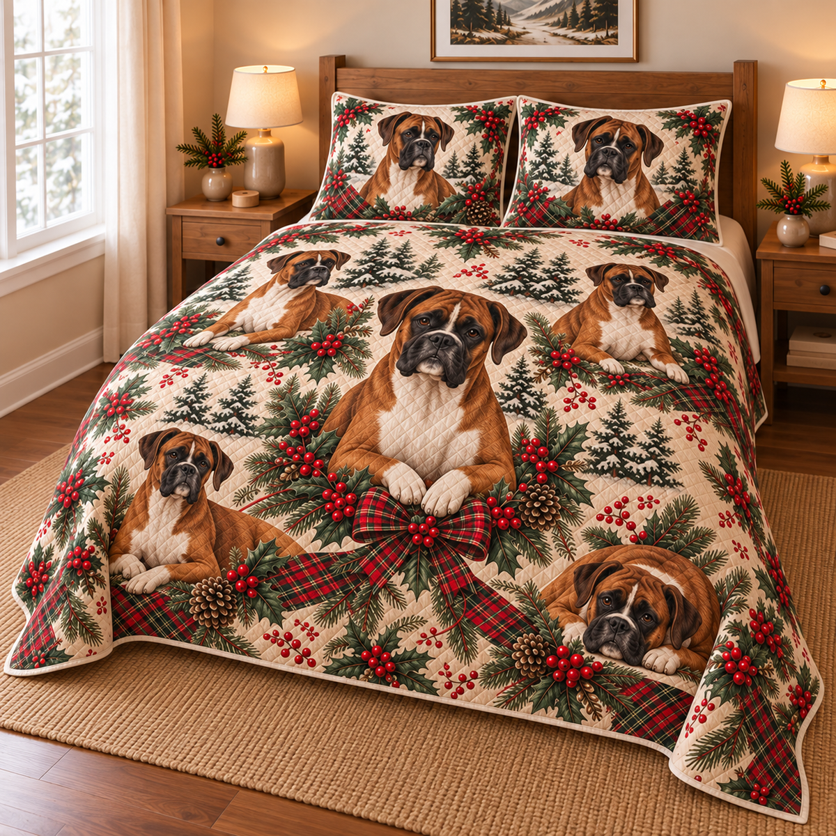 Boxer Heritage Tartan Christmas Quilt Set, low side-angle bedroom view