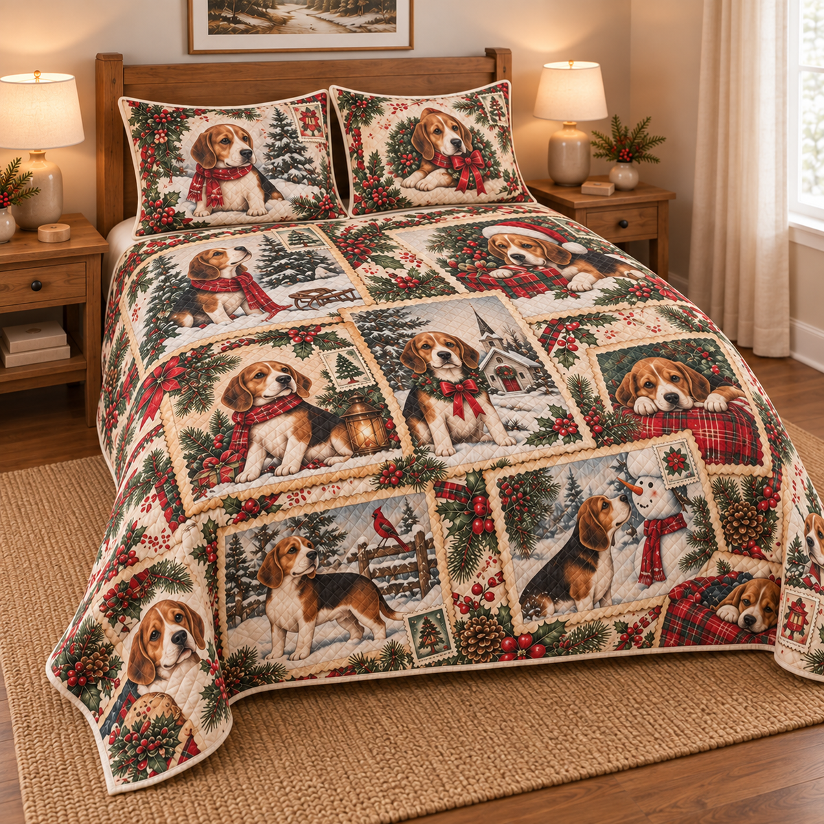 Beagle Vintage Christmas Postcards Quilt Set, low side-angle bedroom view
