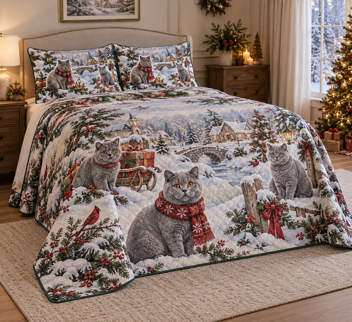 British Shorthair Cat Vintage Postcards Christmas Quilt Set, low side-angle bedroom view
