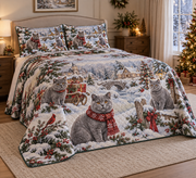 British Shorthair Cat Vintage Postcards Christmas Quilt Set, low side-angle bedroom view