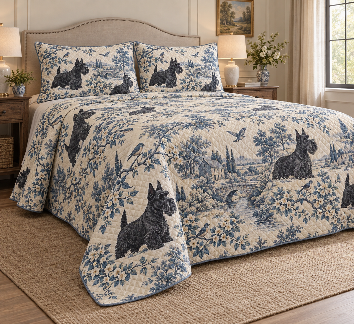 Scottish Terrier Blue Country Toile Quilt Set, low side-angle bedroom view