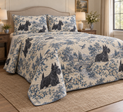 Scottish Terrier Blue Country Toile Quilt Set, low side-angle bedroom view