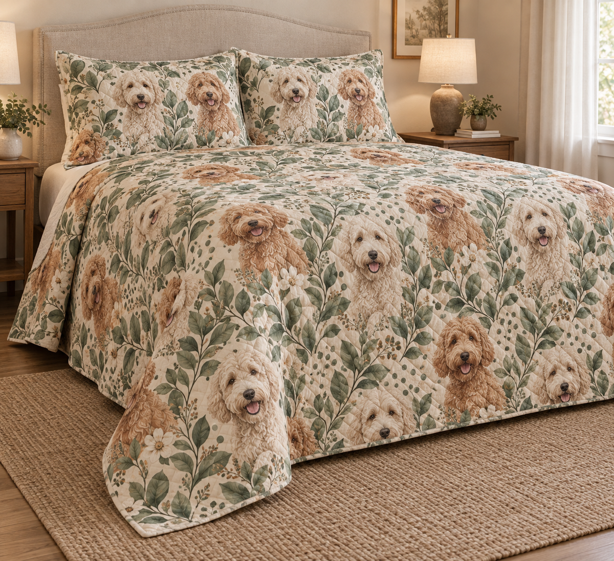 Labradoodle Spotted Botanical Quilt Set, low side-angle bedroom view