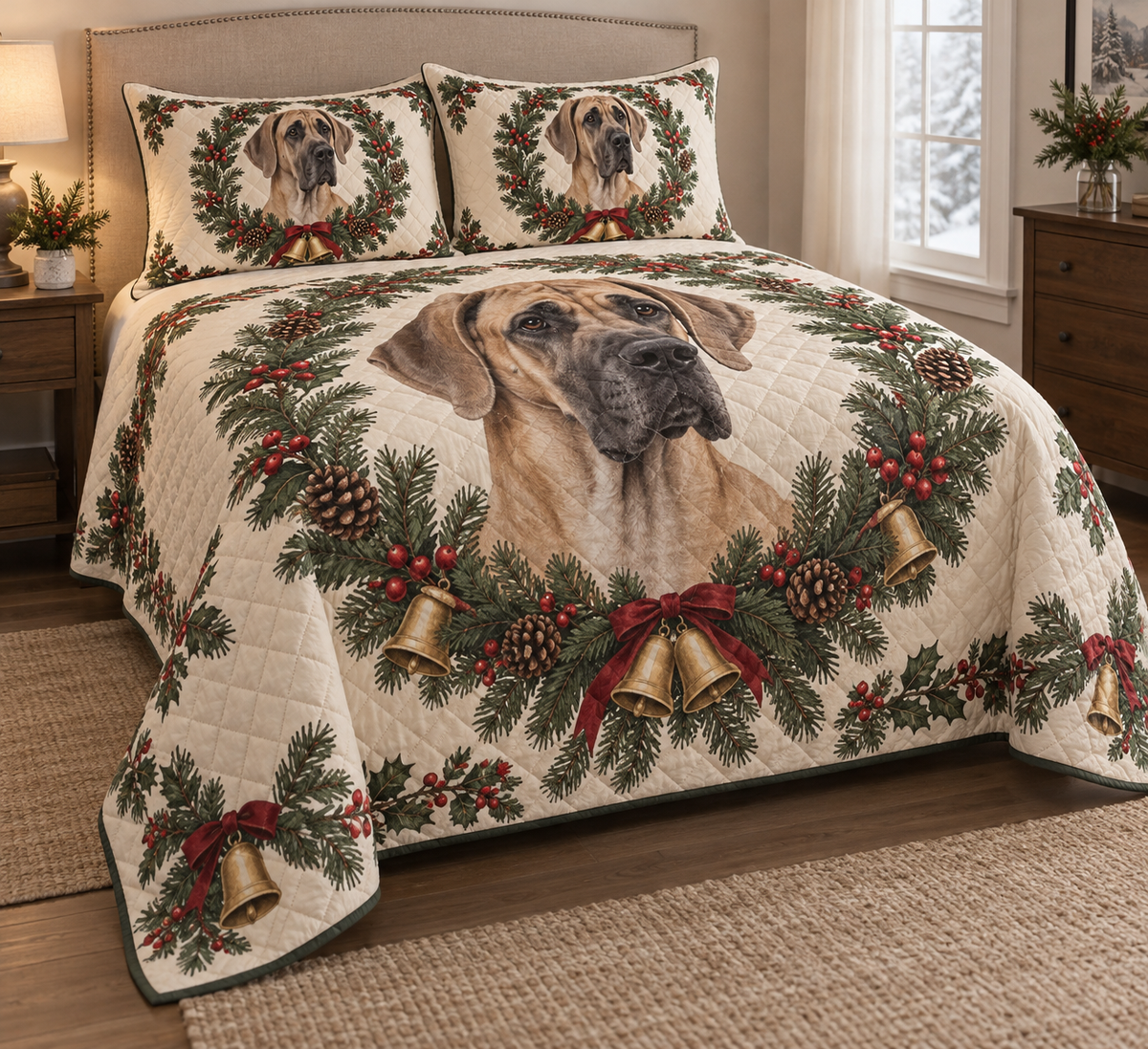 Great Dane Christmas Wreath Quilt Set, low side-angle bedroom view