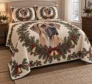 Great Dane Christmas Wreath Quilt Set, low side-angle bedroom view