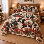 Border Collie Gifts and Puppies Christmas Quilt Set, low side-angle bedroom view
