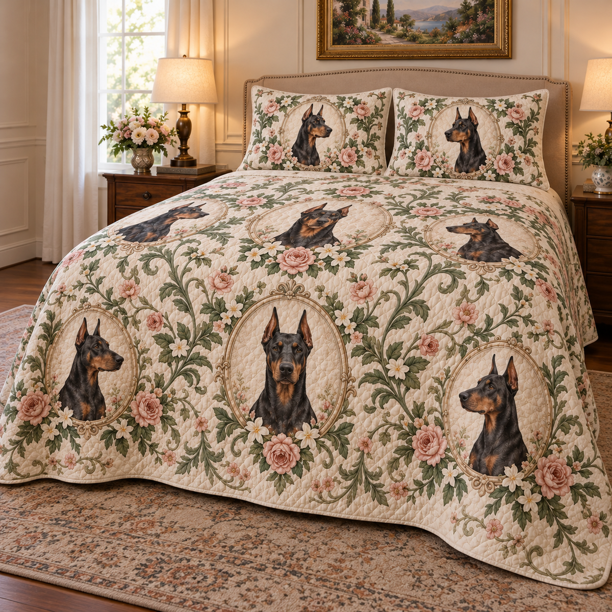 Doberman Pinscher Garden Cameos Quilt Set, low side-angle bedroom view