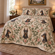 Doberman Pinscher Garden Cameos Quilt Set, low side-angle bedroom view
