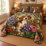 Beagle Garden Stained Glass Quilt Set, low side-angle bedroom view