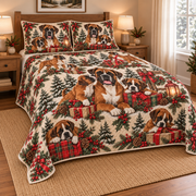 Boxer Gifts and Puppies Christmas Quilt Set, low side-angle bedroom view
