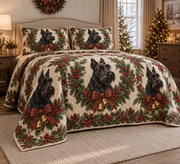 Scottish Terrier Christmas Wreath Quilt Set, low side-angle bedroom view