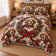 Beagle Christmas Wreath Quilt Set, low side-angle bedroom view