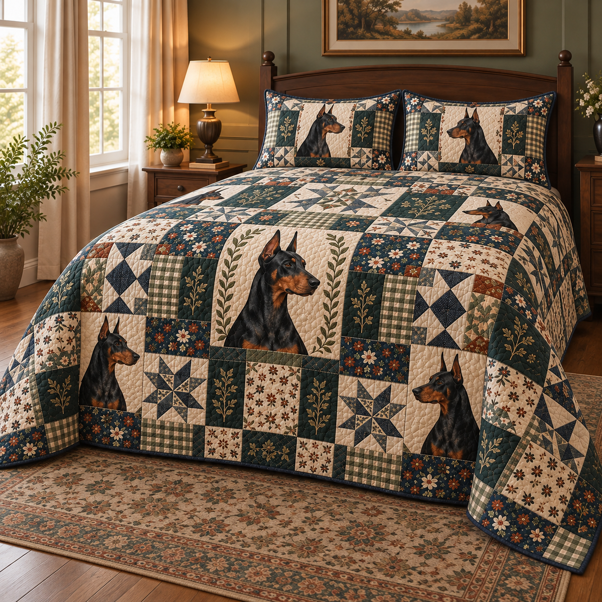 Doberman Pinscher Heritage Patchwork Quilt Set, low side-angle bedroom view