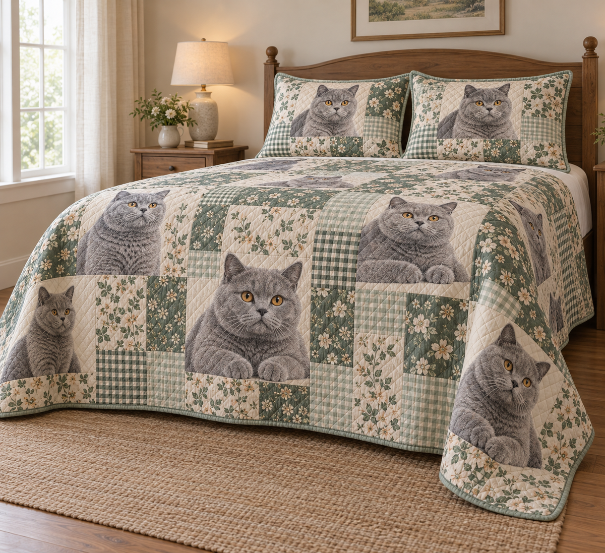 British Shorthair Cat Heritage Patchwork Quilt Set, low side-angle bedroom view