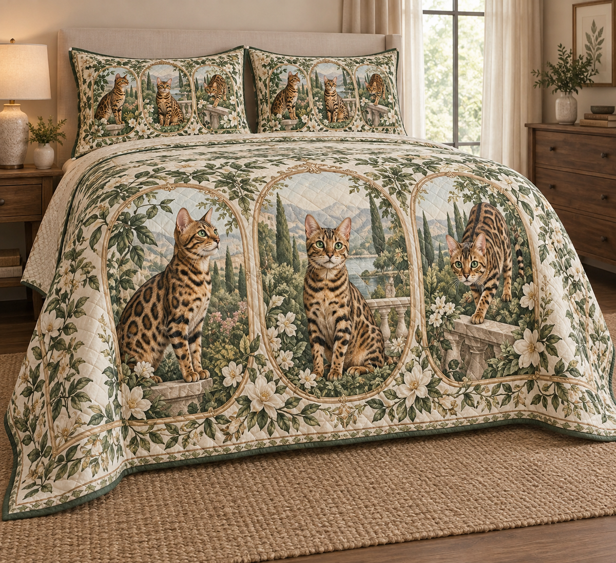 Bengal Cat Garden Cameos Quilt Set, low side-angle bedroom view