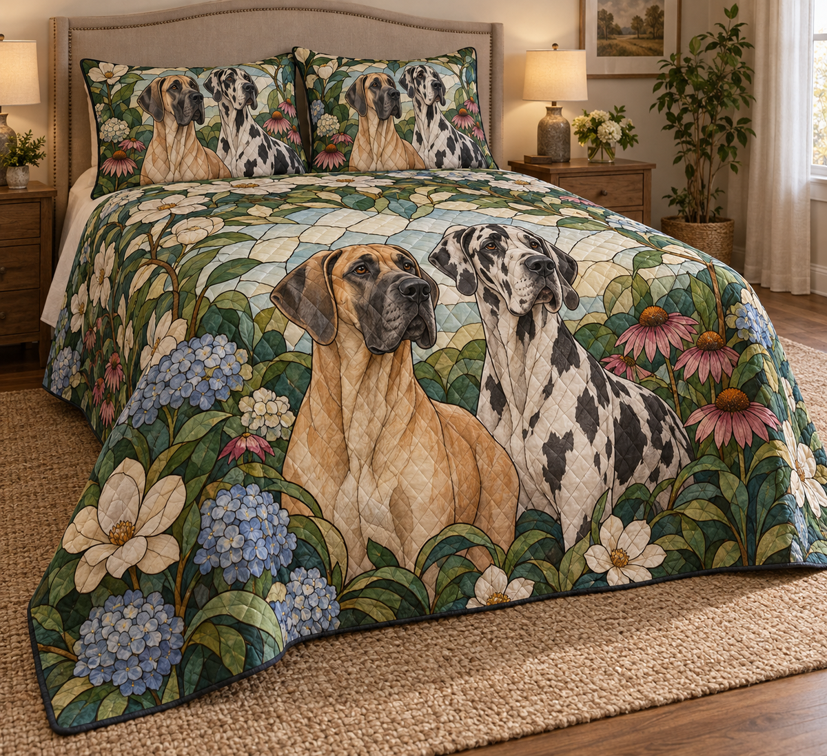 Great Dane Garden Stained Glass Quilt Set, low side-angle bedroom view