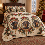 Doberman Pinscher Ornament Medallions Christmas Quilt Set, low side-angle bedroom view