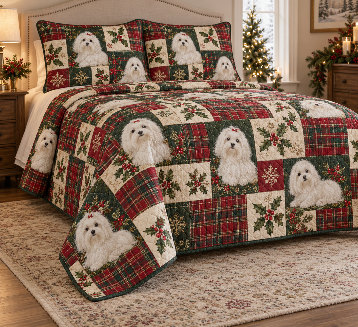 Maltese Heritage Tartan Christmas Quilt Set, low side-angle bedroom view