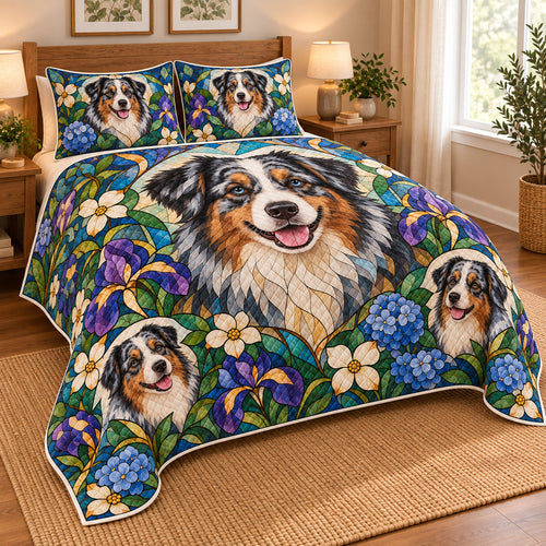 Australian Shepherd Garden Stained Glass Quilt Set, low side-angle bedroom view