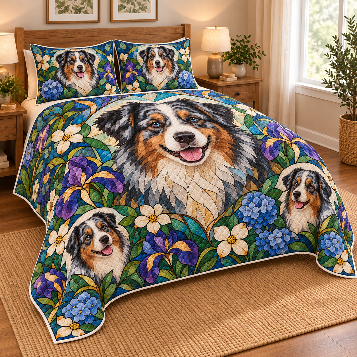 Australian Shepherd Garden Stained Glass Quilt Set, low side-angle bedroom view