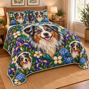 Australian Shepherd Garden Stained Glass Quilt Set, low side-angle bedroom view