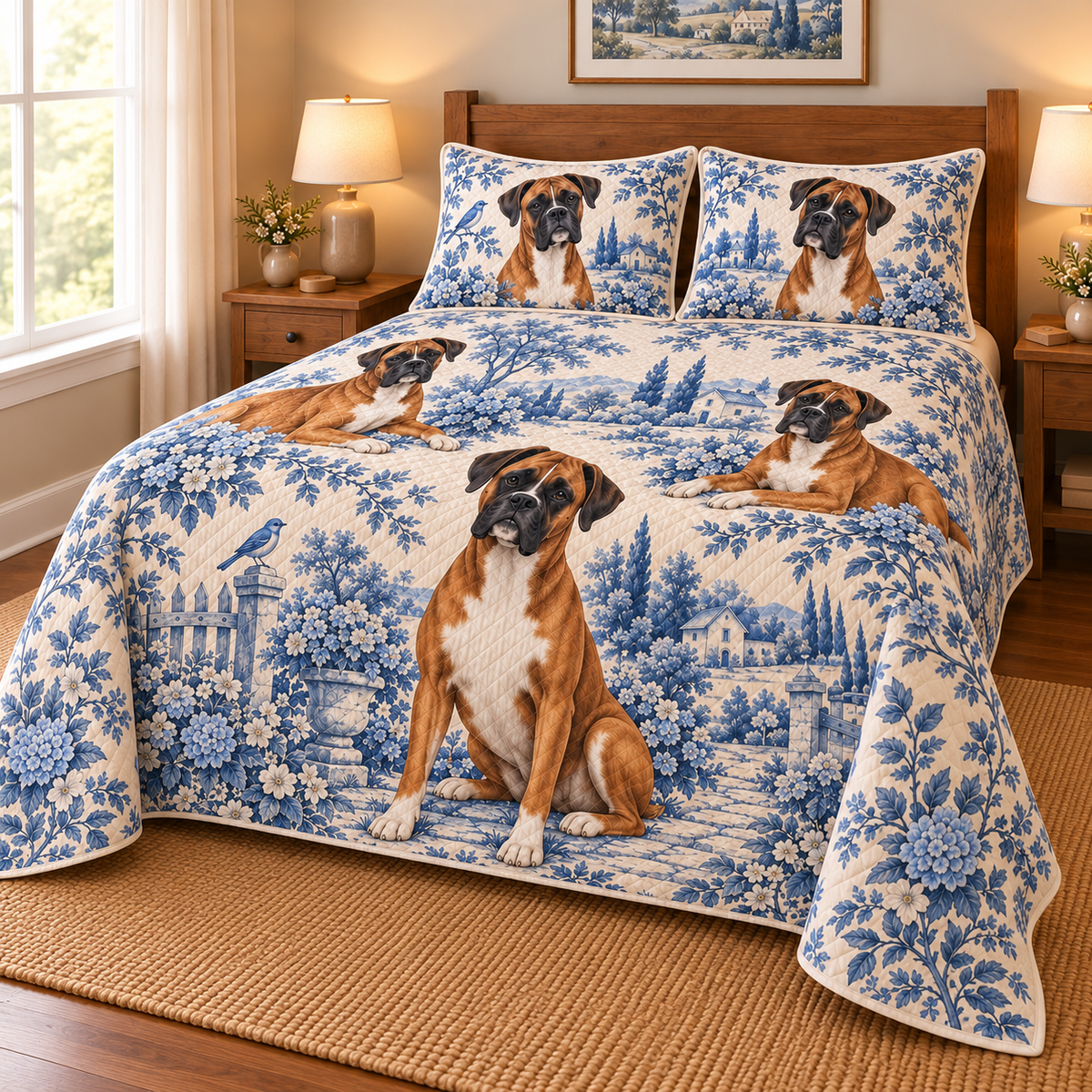 Boxer Blue Country Toile Quilt Set, low side-angle bedroom view