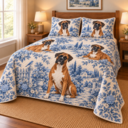 Boxer Blue Country Toile Quilt Set, low side-angle bedroom view
