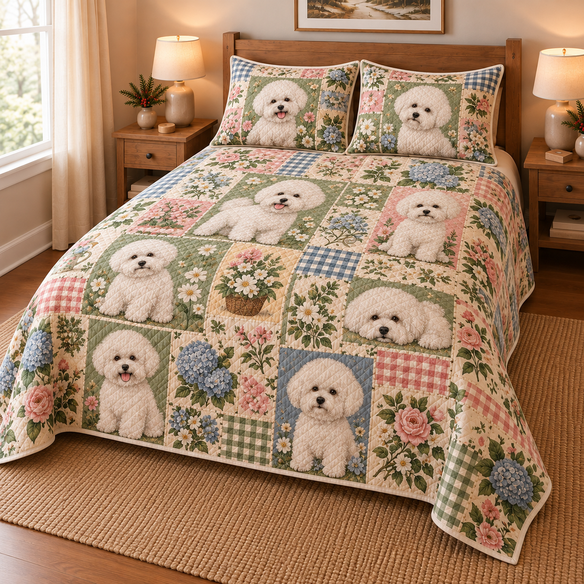 Bichon Frise Heritage Patchwork Quilt Set, low side-angle bedroom view