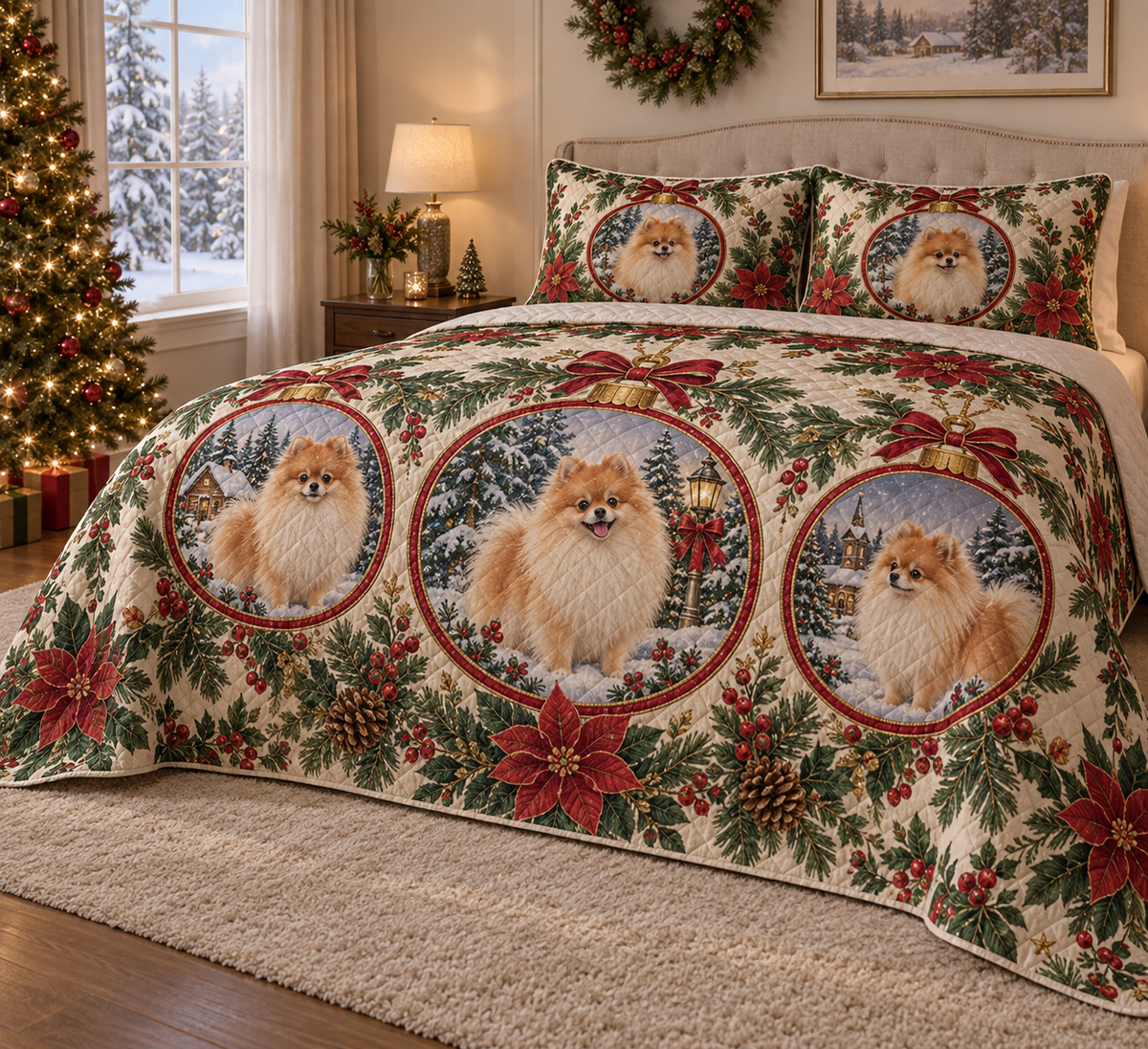 Pomeranian Ornament Medallions Christmas Quilt Set, low side-angle bedroom view