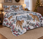 Bengal Cat Snowy Watercolor Christmas Quilt Set, low side-angle bedroom view