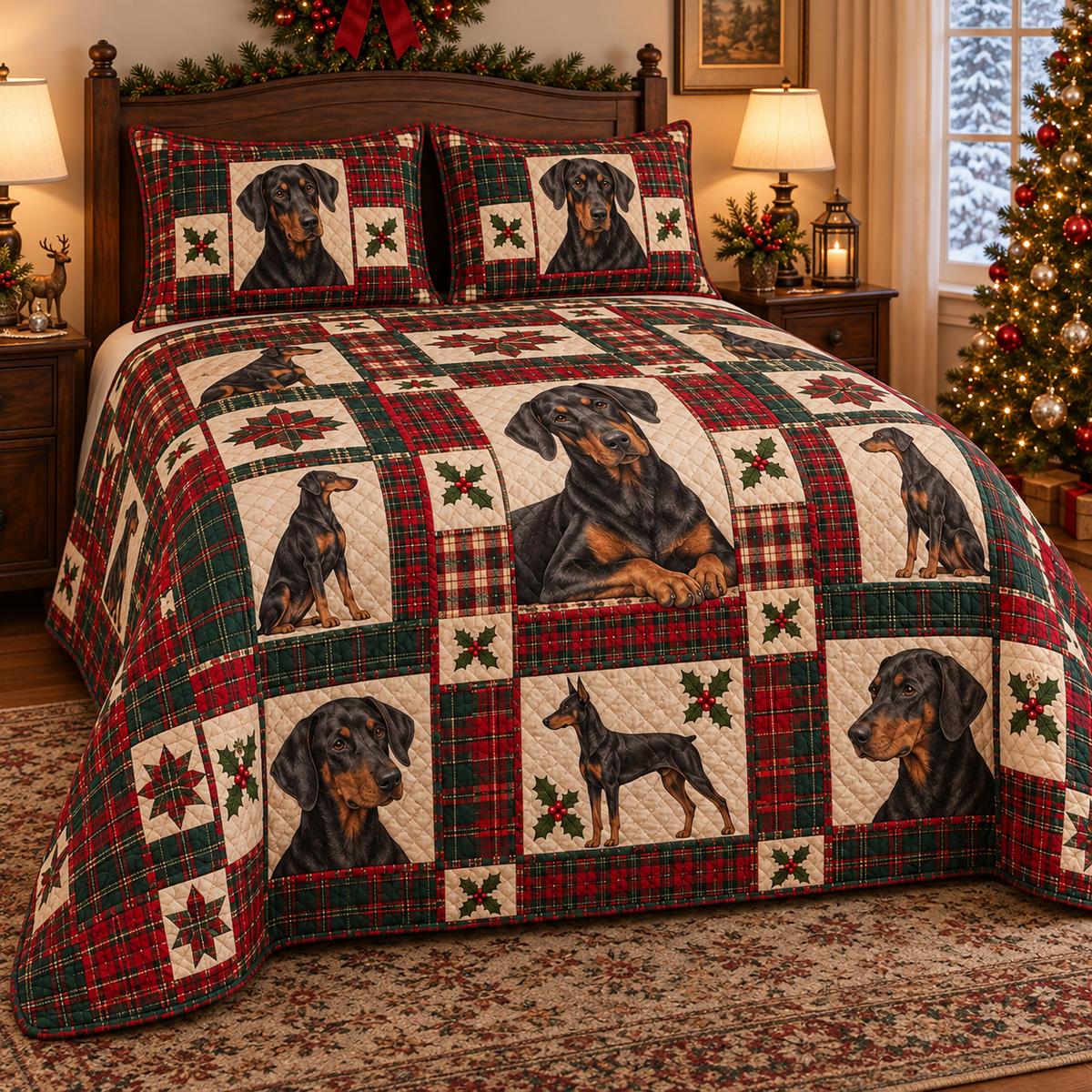 Doberman Pinscher Heritage Tartan Christmas Quilt Set, low side-angle bedroom view