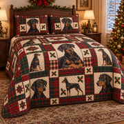 Doberman Pinscher Heritage Tartan Christmas Quilt Set, low side-angle bedroom view