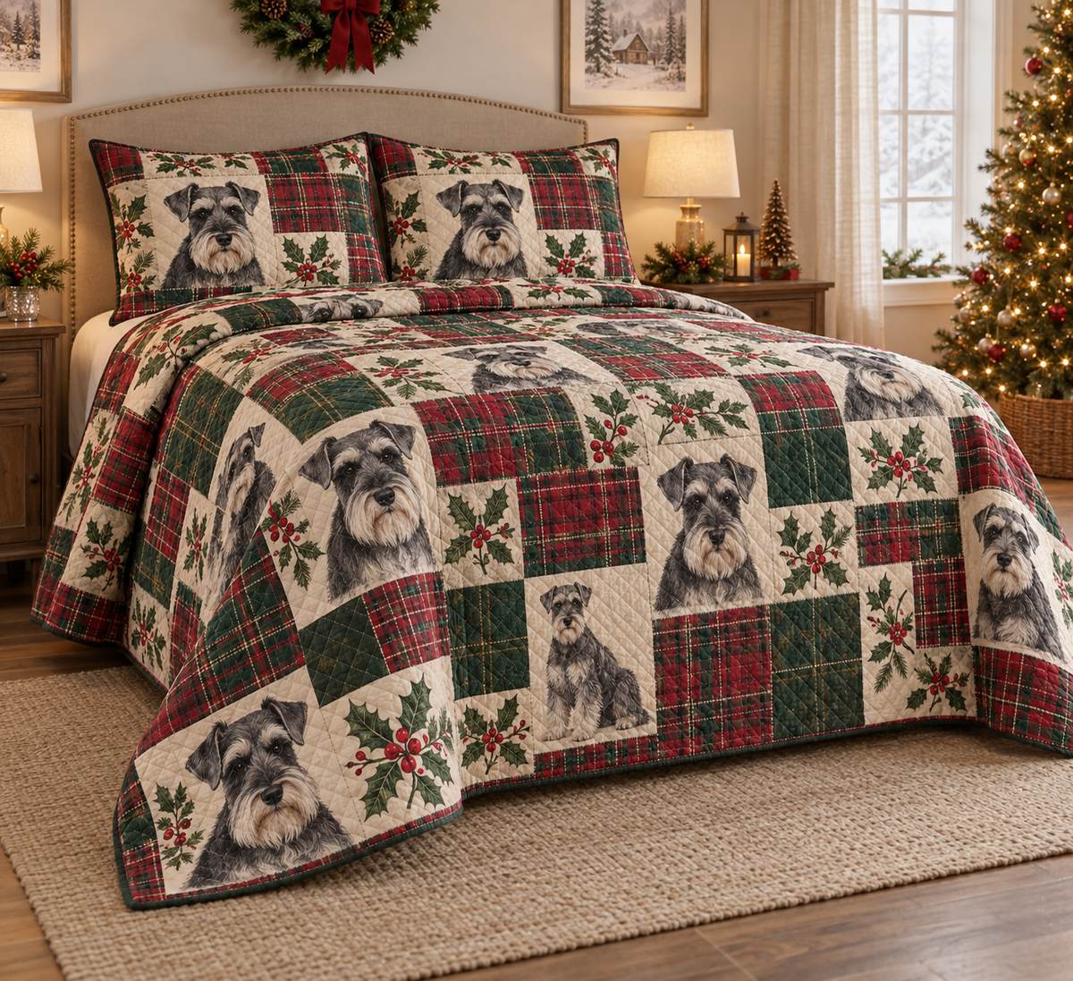 Schnauzer Heritage Tartan Christmas Quilt Set, low side-angle bedroom view