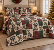 Schnauzer Heritage Tartan Christmas Quilt Set, low side-angle bedroom view