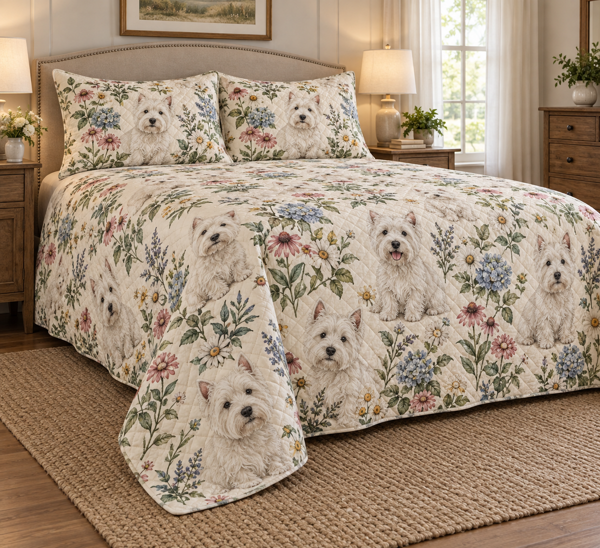 West Highland White Terrier Cottage Floral Quilt Set, low side-angle bedroom view