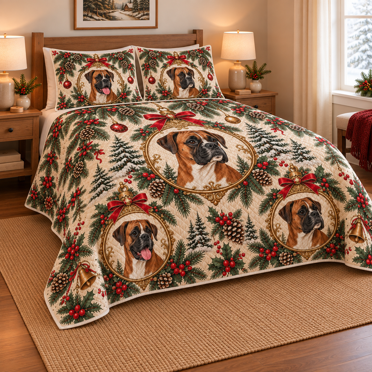 Boxer Ornament Medallions Christmas Quilt Set, low side-angle bedroom view