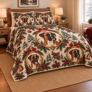 Boxer Ornament Medallions Christmas Quilt Set, low side-angle bedroom view