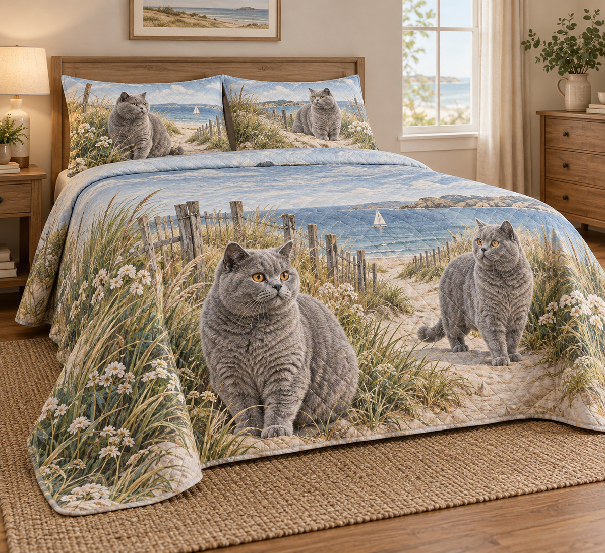 British Shorthair Cat Coastal Morning Quilt Set, low side-angle bedroom view