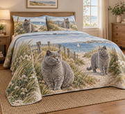 British Shorthair Cat Coastal Morning Quilt Set, low side-angle bedroom view