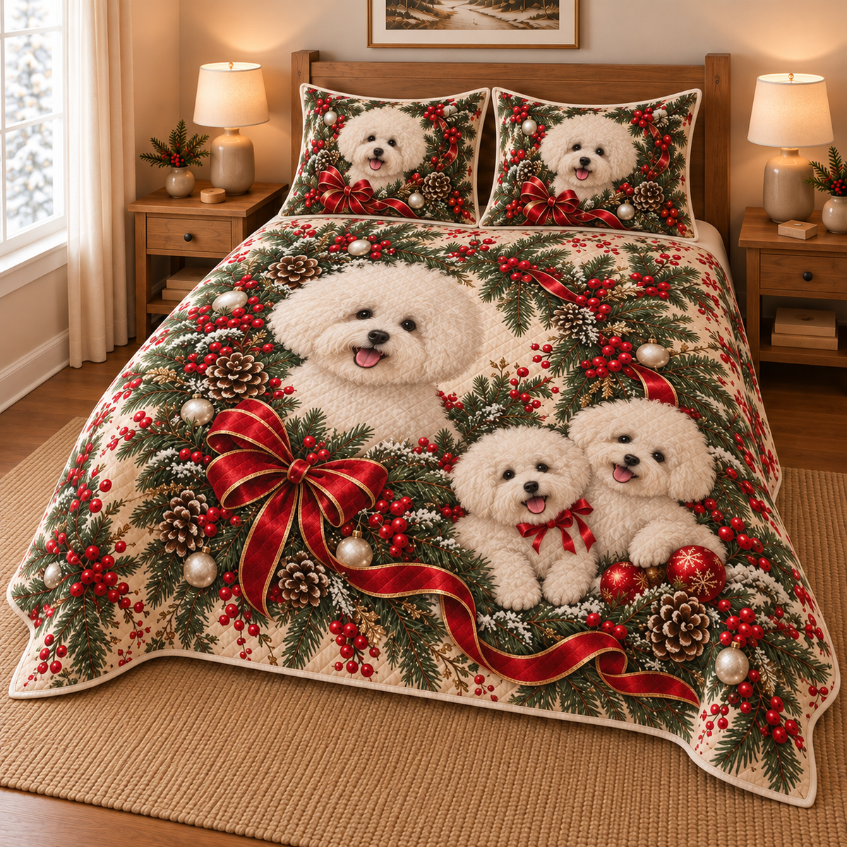 Bichon Frise Christmas Wreath Quilt Set, low side-angle bedroom view