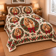 Cocker Spaniel Christmas Wreath Quilt Set, low side-angle bedroom view
