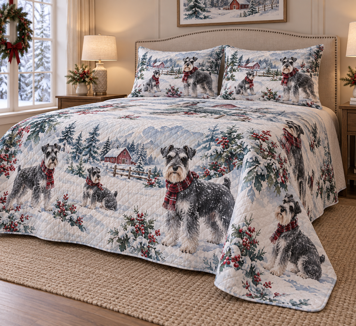 Schnauzer Snowy Watercolor Christmas Quilt Set, low side-angle bedroom view