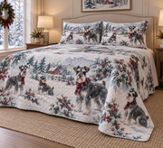 Schnauzer Snowy Watercolor Christmas Quilt Set, low side-angle bedroom view