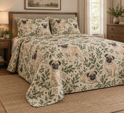 Pug Spotted Botanical Quilt Set, low side-angle bedroom view