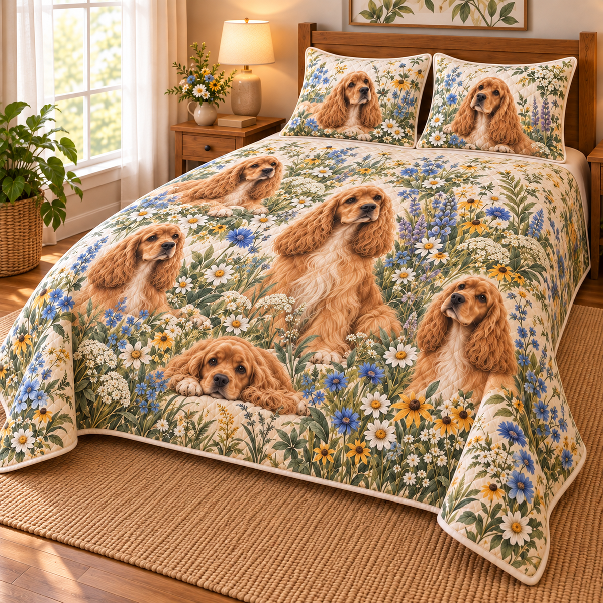 Cocker Spaniel Wildflower Meadow Quilt Set, low side-angle bedroom view